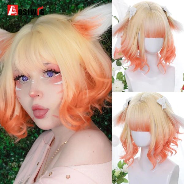 Perruques aosiwig synthétique lolita perruque courte cosplay anime costume de cheveux naturels boucles bob blonde rose perruques avec une frange pour les femmes féminines