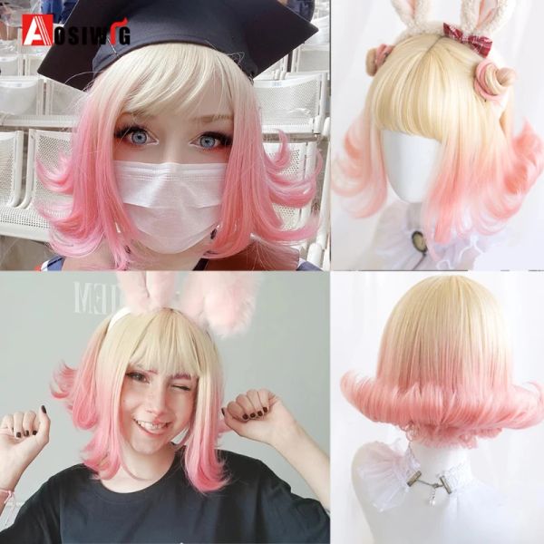 Perruques Aosiwig synthétique Lolita perruque avec frange pour femmes courte droite Cosplay Anime bouclés cheveux naturels Costume Bob Blonde rose perruques