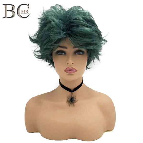 Pelucas BCHR peluca corta de Cosplay peluca sintética verde oscuro para mujeres o hombres pelucas de pelo de disfraz de color liso Natural parte libre