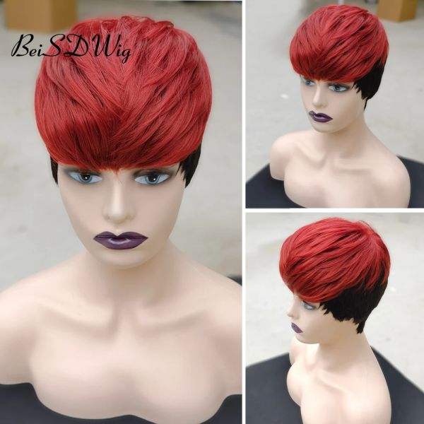 Pelucas BeiSDWig Pelucas cortas sintéticas Pixie con flequillo negro y rojo vino 2 tonos pelucas de pelo para mujeres