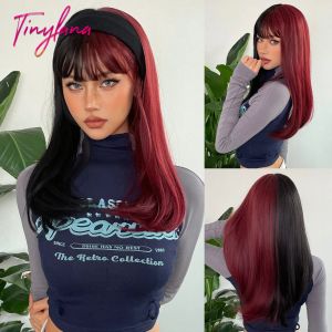 Pelucas Black and Dark Red Long Long Synthetic Hair Wigs with Bangs Cosplay Party Halloween Two Tone Peluce para mujeres Resistentes al calor