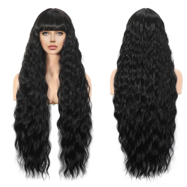Pelucas Cuerpo negro ondulada pelucas sintéticas con golpe para mujeres vino rojo cabello largo y liso parte parte resistente al calor de fibra diaria cosplay
