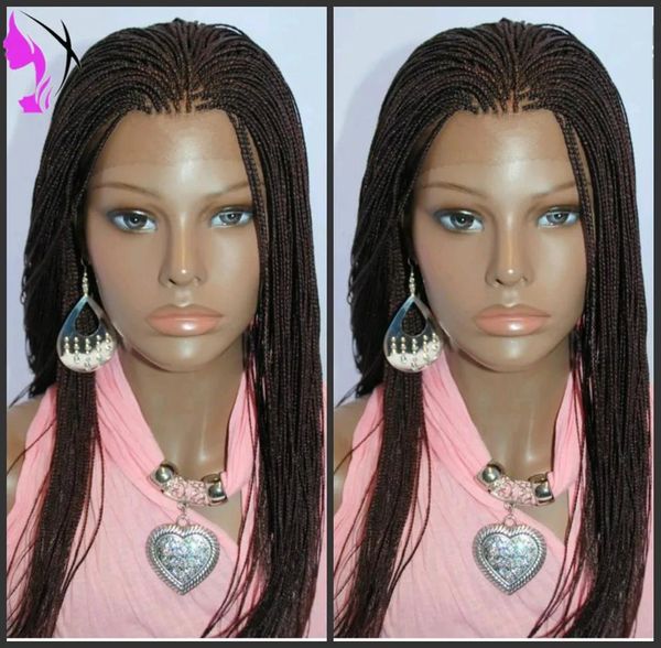 Perruques Couleur noire / marron / bordeaux / ombre disponible perruque avant en dentelle tressée synthétique Cornrowed Box Braids Lace Wig avec cheveux de bébé