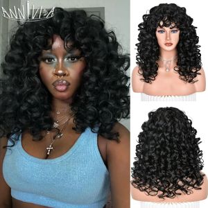 Perruques Perruque bouclée noire avec frange perruques afro longues bouclées pour femmes fibre synthétique cheveux sans colle pour un usage quotidien fête Halloween Cosplay