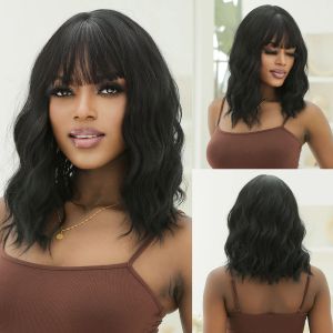 Perruques Black Dark Synthetic Wigs Water Wavy Hair Wigs Wigs With Bangs Bangs Shoulder Cosplay Party for Women Wig résistant à la chaleur Utilisation quotidienne