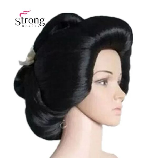 Perruques noires japonaises geisha flaxen cheveux synthétiques quotidien