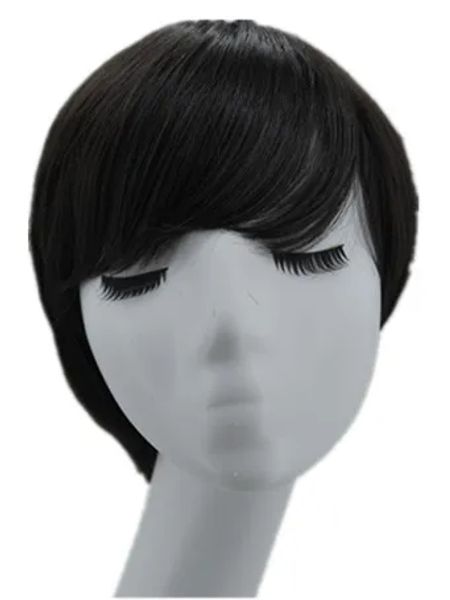 Perruques Black Wig Feishow synthétique courte cheveux ondulés Fibre résistant à la chaleur Mâle / femelle costume costume cosplay incliné Bangs à cheveux