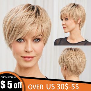 Perruques Blonde brun en couches Remy Remy Human Wigs Bob Pixie Coup Wig Straitement avec une frange Natural Wigs Human Human Wigs pour les femmes