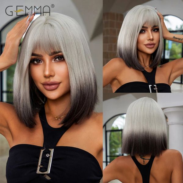 Perruques blonde ombre noire linéaire raide synthétique courte bob perruques avec frange pour femmes noires blancs de cosplay de fête de fête de poils résistants à la chaleur