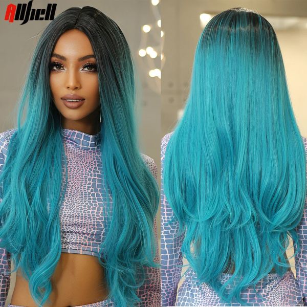 Perruques Blue ombre Long Cosplay Wigs synthétiques avec des perruques de cheveux naturels ondulés pour la racine noire pour la fête Halloween Utilisez la chaleur résistante à la chaleur