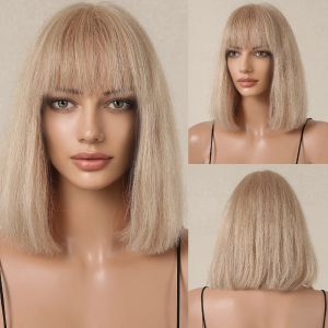 Wigs Bob Blonde 100% Remy Human Hairs voor vrouwen Natuurlijke rechte korte beige pruiken met volledige pony hittebestendige menselijke haarpruik dagelijks