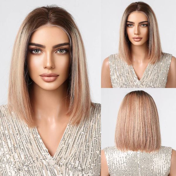 Perruques Bob Human Hair Wig Bayalage clair brun blond Blonde courte en dentelle de forte ombre Remy Remy Human Human Tpart Lace Wigs for Women