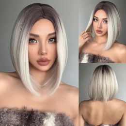 Perruques Bob Straight Platinum ombre Gris brun Brown Wigs Synthétique courte Plate du milieu Cosplay Pernues de cheveux pour les femmes Fibre naturelle résistante à la chaleur