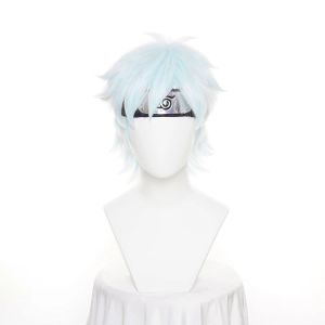 Perruques boruto générations suivantes mitsuki cosplay perruque courte bleu clair mixte thermure résistante à cheveux synthétique Wig + coiffeur + capuchon de perruque