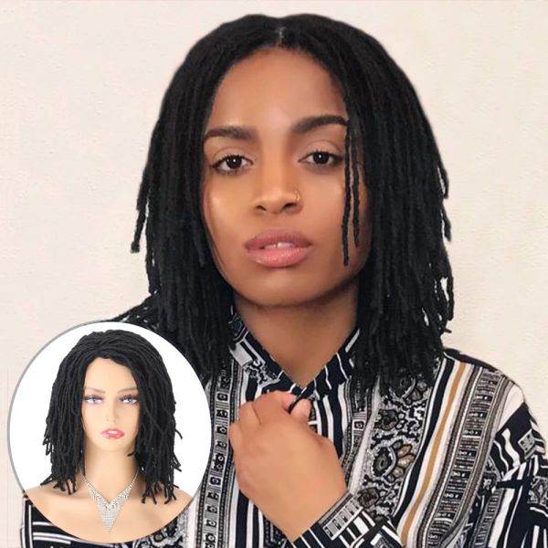 Perruques Wig tressé pour les femmes 10inch ombre Black Blonde Curly Dreadlock Wig synthétique africain fausse locs crochet twist cheveux courtes perruques