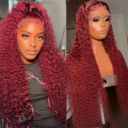 Pruiken Braziliaans haar Deep Wave Wig Burgundy Red Lace Front 13x4 HD Frontal 360 Volledige synthetische Curlywig Pre Pluck Vuxy
