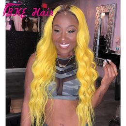 Perruques cheveux brésiliens Peruca longue vague lâche synthétique frontale perruque 360 dentelle ombre couleur jaune perruque pour les femmes noires Costume