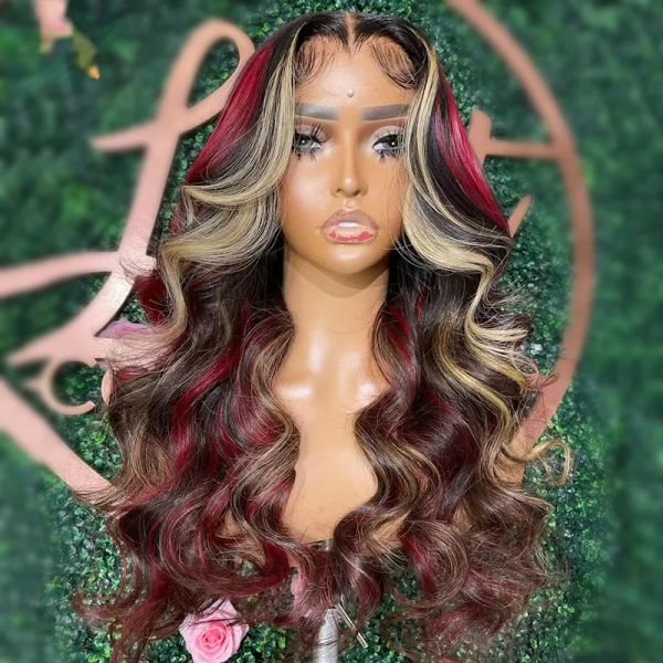 Perruques Brésilien Human Rouge rouge avec blonde Highlight Body Wave Lace Lace Front Wig Wave Loose Ombre