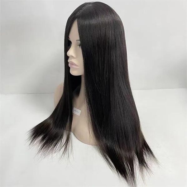 Perruques de cheveux humains brésiliens vierges, soyeux et lisses, couleur noire 1b # 4x4, haut en soie, Topper juif pour femmes blanches