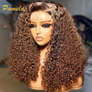 Perruques Brown Curly Ush and Go Weshless Human Hair Wigs Lace Lace Front Wigs Brésilien 250% densité Transparent en dentelle Frontal perruques pour les femmes