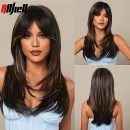 Perruques Brown Long Losered Synthetic Wigs Golden Highden Sights Natural Straight Wig with Bangs for Women Cosplay Costume Wig résistant à la chaleur