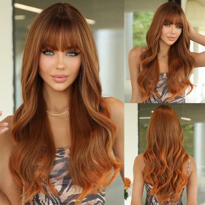 Perruques Brown Synthetic Hair Wig Long Wavy Daily Use Wigs for Black Femmes Res résistant à la chaleur Part Hair Body Wave Cosplay