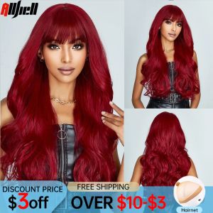 Perruques Bourgogne Red Long Natural Wavy Hair Synthetic Wig With Bang for Women Wine Red Halloween Cosplay Party Daily Wigs Résister à la chaleur