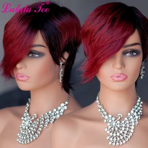 Perruques borgogne rouges ombre cheveux humains perruques non en dentelle courte raide bob pixie cut wig avec frange pour femmes cheveux brésiliens remy