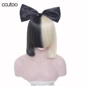 Wigs Ccutoo 38cm Sia vrouw's half zwarte en blonde korte Bobo Synthetisch haar Volledige pony hitteweerstand cosplay pruik+boog