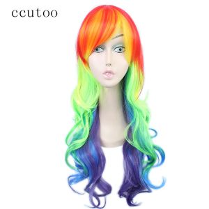 Perruques ccutoo 65cm jaune rouge violet et bleu mélange ondulé long avec bangs perruques de cheveux synthétiques