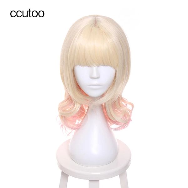 Perruques ccutoo Diabolik Lovers Komori Yui 40 cm rose blond ombré mélange bouclé moyen plat frange style cheveux synthétiques Cosplay perruques complètes