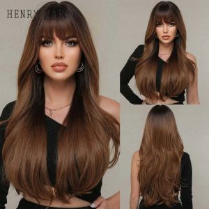 Perruques châtaigne brune ombre perruques synthétiques de perruques de vagues naturelles pour femmes noires avec une frange quotidiennement Cosplay Wigs de cheveux résistants à la chaleur