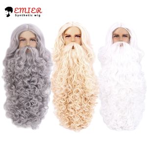 Wigs Christmas Santa Claus Hair Wig+Beard Set Cosplay Accessoire Wit / Blond / Silver Gray Curly Pruik voor mannen Halloween -kledingkostuum