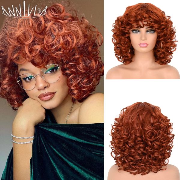 Perruques Copper Red Curly Wig Afro Short Kinky Curly Big Bouncy Bouncy Wig avec Bangs for Women Synthetic Hair Wig For Daily Use Party Cosplay