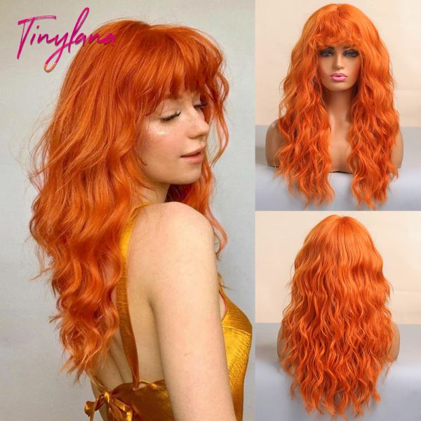 Perruques Cosplay Ginger Orange Long Curly Synthetic Wigs avec frange Bangs Deep Wave Lolita Hair For Women Halloween Party Daily Resistant