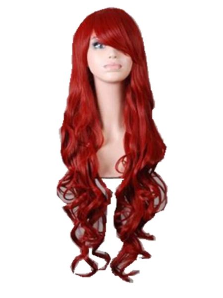 Perruques Cosplay perruque rouge FeiShow synthétique longue bouclée Halloween femmes bleu violet cheveux carnaval Costume Cosplay frange inclinée postiche