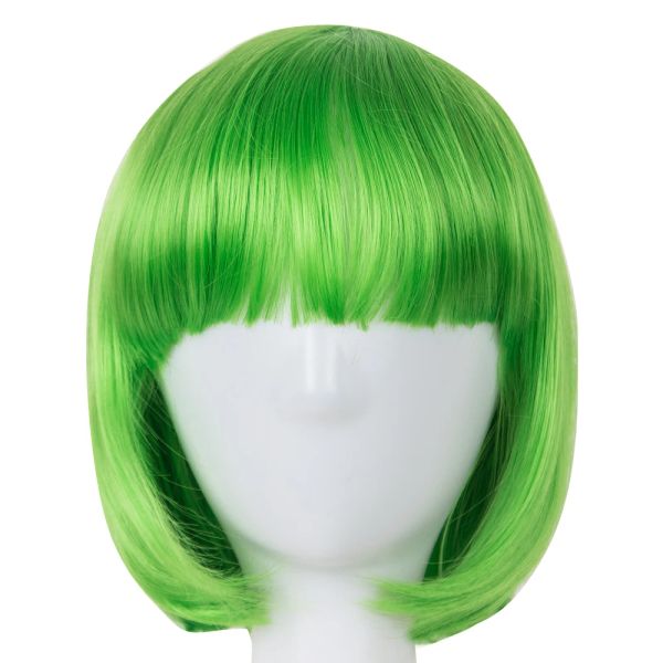 Perruques cosplay perruque feishow résistant à la chaleur courte ondulée synthétique ondulée halloween carnaval cheveux verts plate frange femme pliée à cheveux