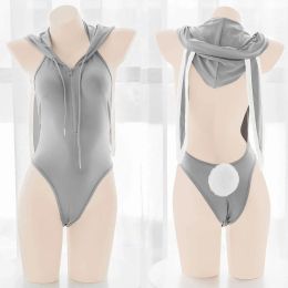 Perruques cosplay perruques mignonne fille gris lapin bodySuit de maillot de bain cosplay femme sexy lingerie lapin roleplay sweat à capuche à capuche arrière