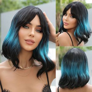 Wigs Craftourist Short Curly Ombre Blue Bobo Synthetisch feest cosplay pruiken voor vrouwen natuurlijk hittebestendig haar met pony voor meisje