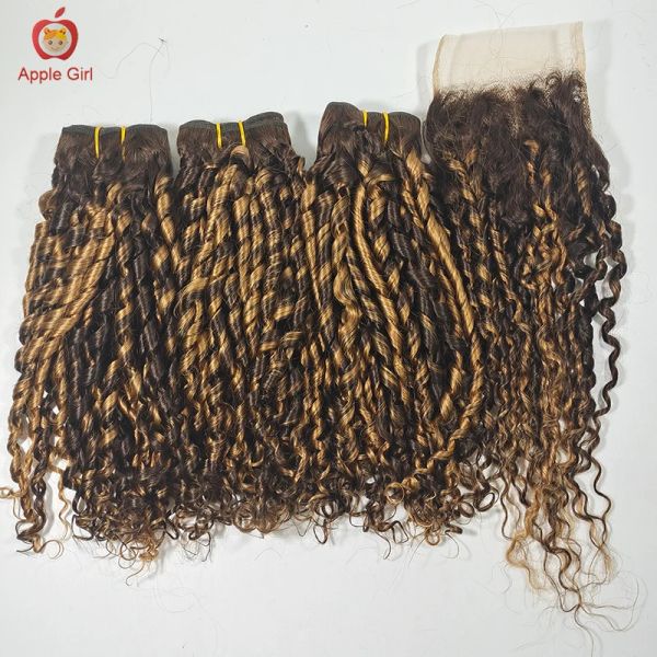 Pelucas rizadas con reflejos mechones Pixie Curl con cierre Funmi Hair Cierre de encaje transparente con extensiones de cabello humano cabello Remy brasileño