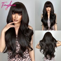 Perruques Brun noir brun long Long Wavy Synthetic Hair Wig with Bangs for Women Afro Natural Body Wave Cosplay Wigs Wigs résistant à la chaleur