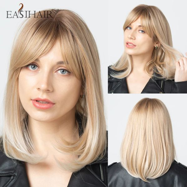 Perruques EASIHAIR Blonde Ombre perruques cheveux synthétiques perruques pour femmes naturel Bob perruques avec frange résistant à la chaleur Cosplay perruque mignon Futura cheveux