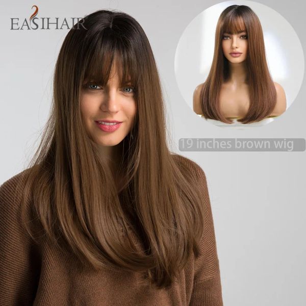 Perruques Easihair Long Straitement marron noir Perruques synthétiques avec bang résistant à la chaleur Natural Fake Hair Wigs For Women Daily Cosplay Party