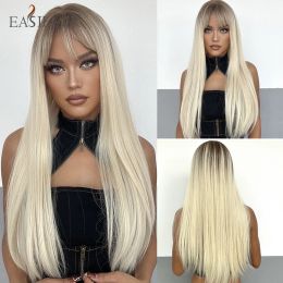 Perruques easihair longs perruques synthétiques droites avec bang léger platine blonde coiffure de cafard naturel pour femmes cosplay quotidien résistant à la chaleur