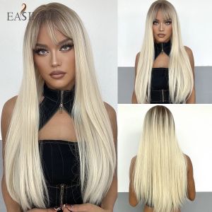 Pruiken Easihair Lang rechte synthetische pruiken met Bang Light Platinum Blond Natural Faker Hair For Women Daily Cosplay Heat Resistant