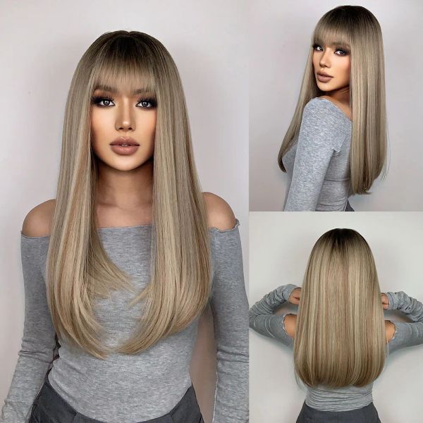 Perruques easihair longues perruques synthétiques droites avec une frange brune à blonde blonde à cheveux naturels perruque pour femmes Cosplay Wig résistant à la chaleur