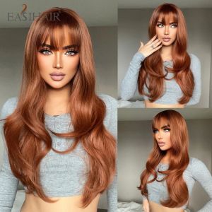 Pruiken EasiHair Long Wavy Copper Ginger Synthetische pruiken met Bang Auburn Red Brown Hair Pruik voor vrouwen Cosplay Dagelijkse feestwarmtewarmte