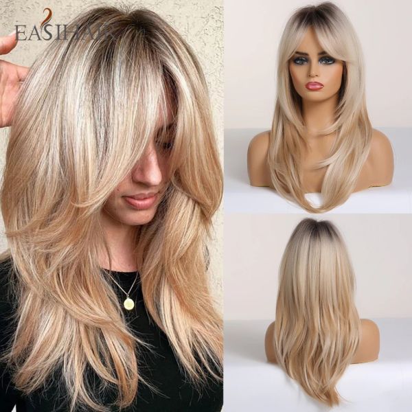 Perruques easihair longue longueur linéaire perruques synthétiques blondes Golden côté coup de cheveux perruques pour femmes cendres quotidiennes Cosplay perruques résistantes à la chaleur