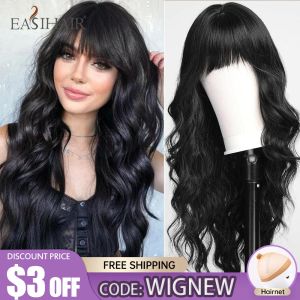 Perruques easihair Natural Black Long Body Wave Synthetic Femmes Pernues avec une frange Cosplay Cosplay Afro Brésilien Feins Perruque résistant à la chaleur