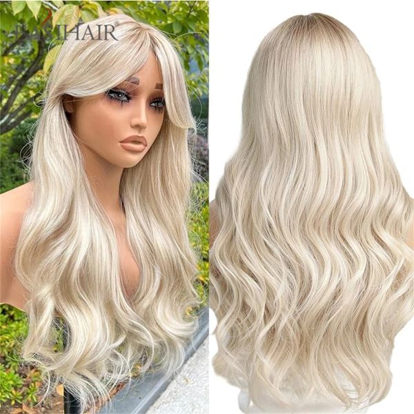 Perruques easihair ombre platine blonde longue perruque synthétique ondulée avec bang pour femmes quotidiennement de cosplay Partre de poil de poil de chaleur.